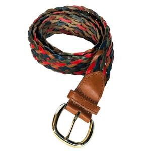 Multicolor Leather Braided Belt Gold Buckle, Brown Blue Red Green 37" Guatemala